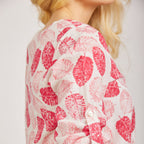 Mudflower 100% Cotton Botanical Print Scoop Neck Top with 3-4 Sleeves (Size 16) - Pink Leafs on White Base