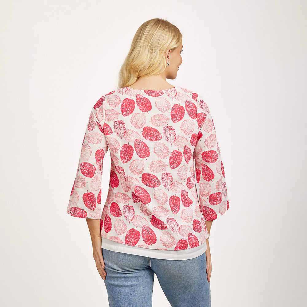 Mudflower 100% Cotton Botanical Print Scoop Neck Top with 3-4 Sleeves (Size 16) - Pink Leafs on White Base