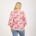 Mudflower 100% Cotton Botanical Print Scoop Neck Top with 3-4 Sleeves (Size 16) - Pink Leafs on White Base