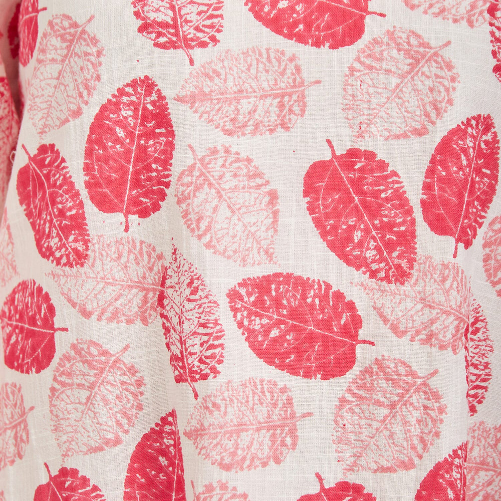 Mudflower 100% Cotton Botanical Print Scoop Neck Top with 3-4 Sleeves (Size 16) - Pink Leafs on White Base