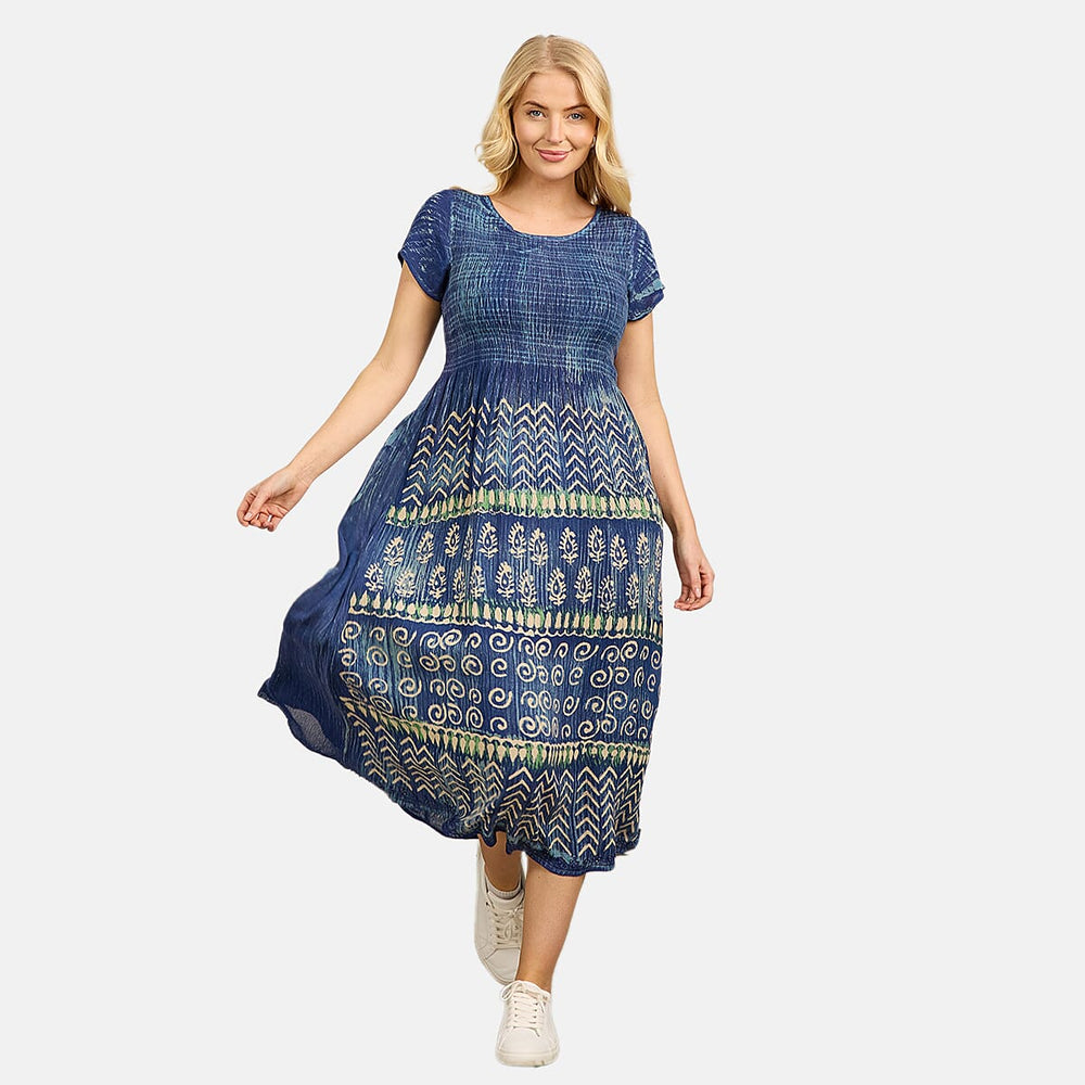 Mudflower 100% Viscose Tye Dye and Batik Shirred Dress (Size 12) - Navy