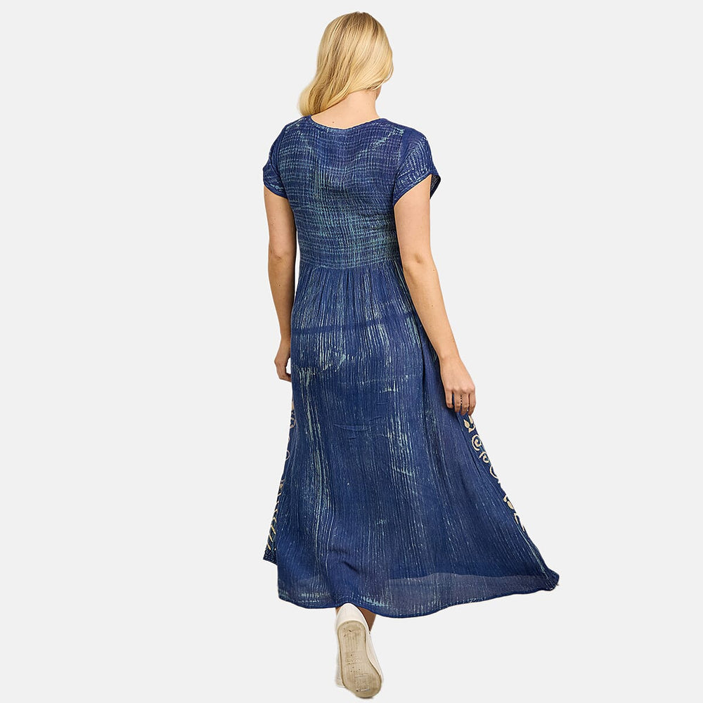 Mudflower 100% Viscose Tye Dye and Batik Shirred Dress (Size 12) - Navy