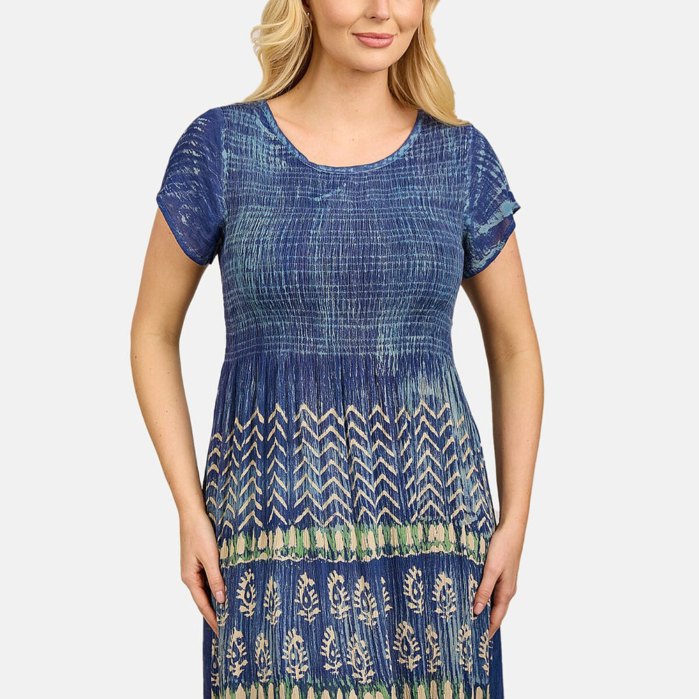 Mudflower 100% Viscose Tye Dye and Batik Shirred Dress (Size 12) - Navy