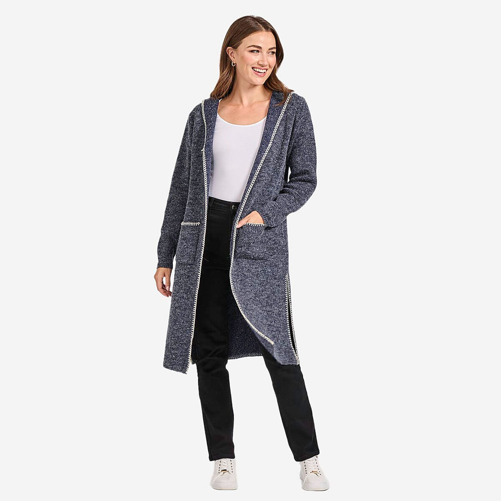 Mudflower Womens Longline Hooded Cardigan with Contrast Trim (Size 12) - Denim Blue