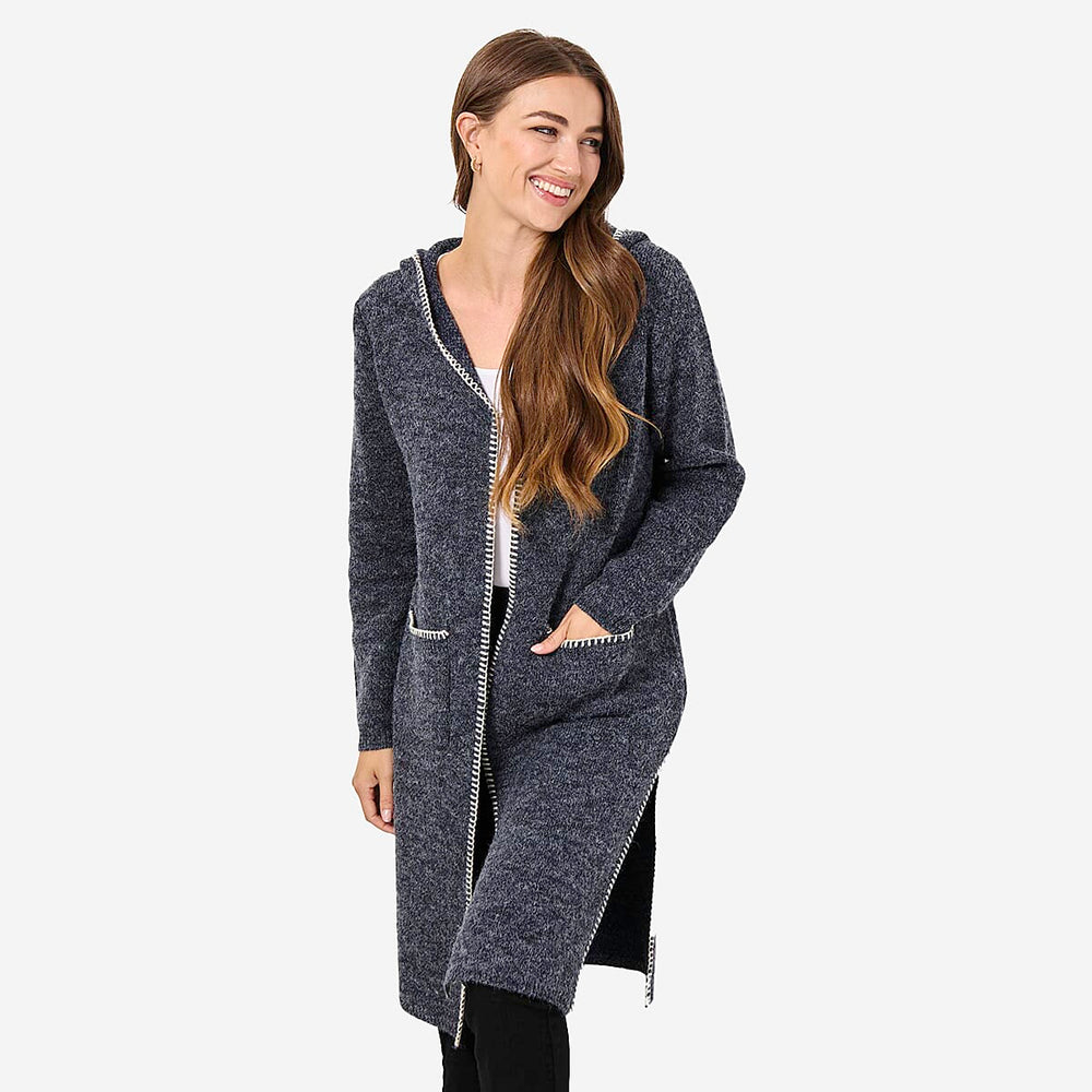 Mudflower Womens Longline Hooded Cardigan with Contrast Trim (Size 12) - Denim Blue