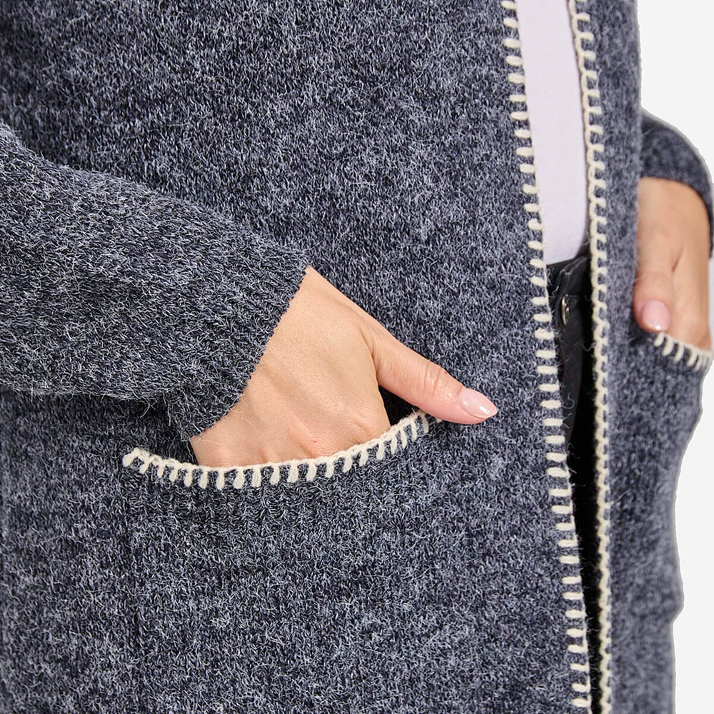 Mudflower Womens Longline Hooded Cardigan with Contrast Trim (Size 12) - Denim Blue