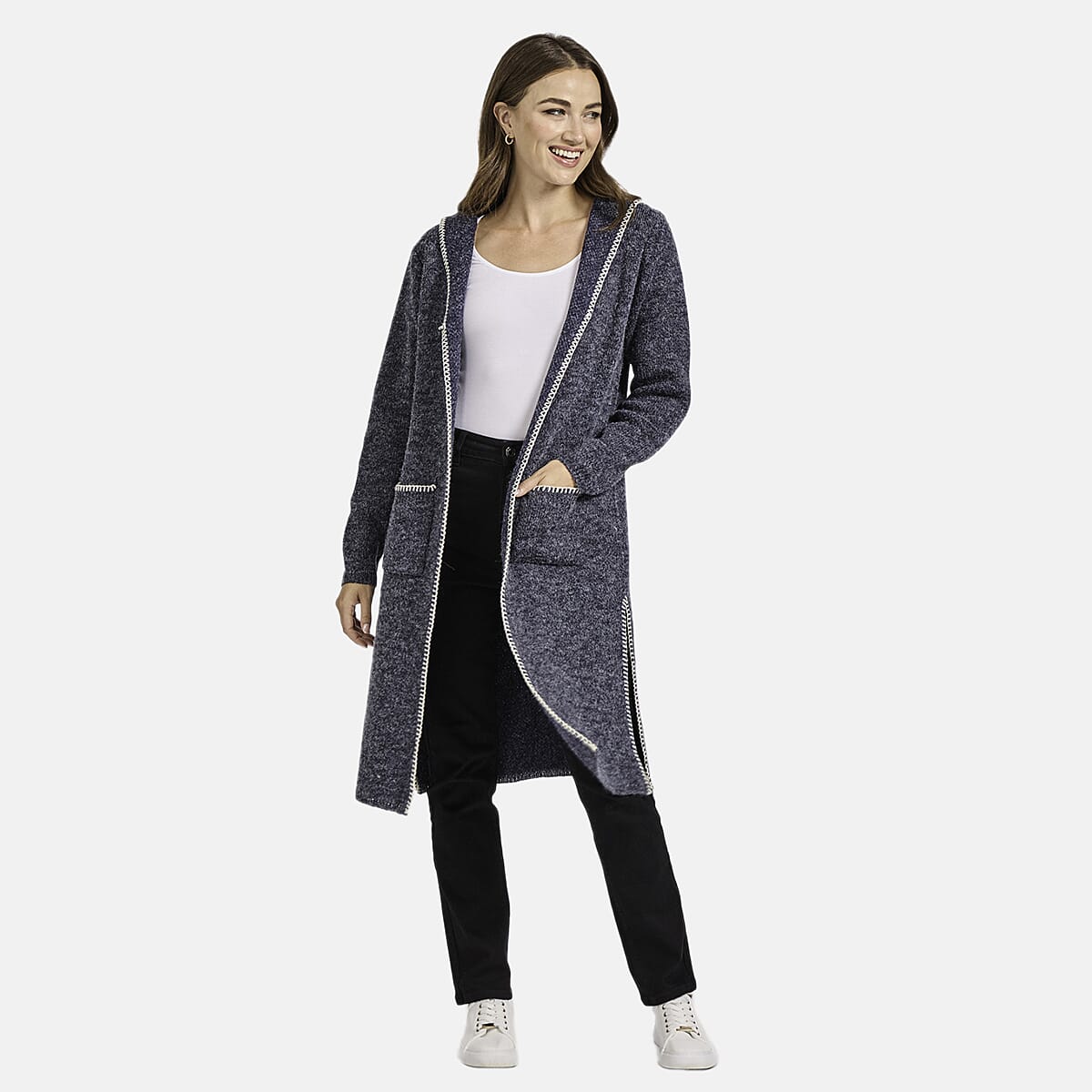 Mudflower Womens Longline Hooded Cardigan with Contrast Trim (Size 16) - Denim Blue