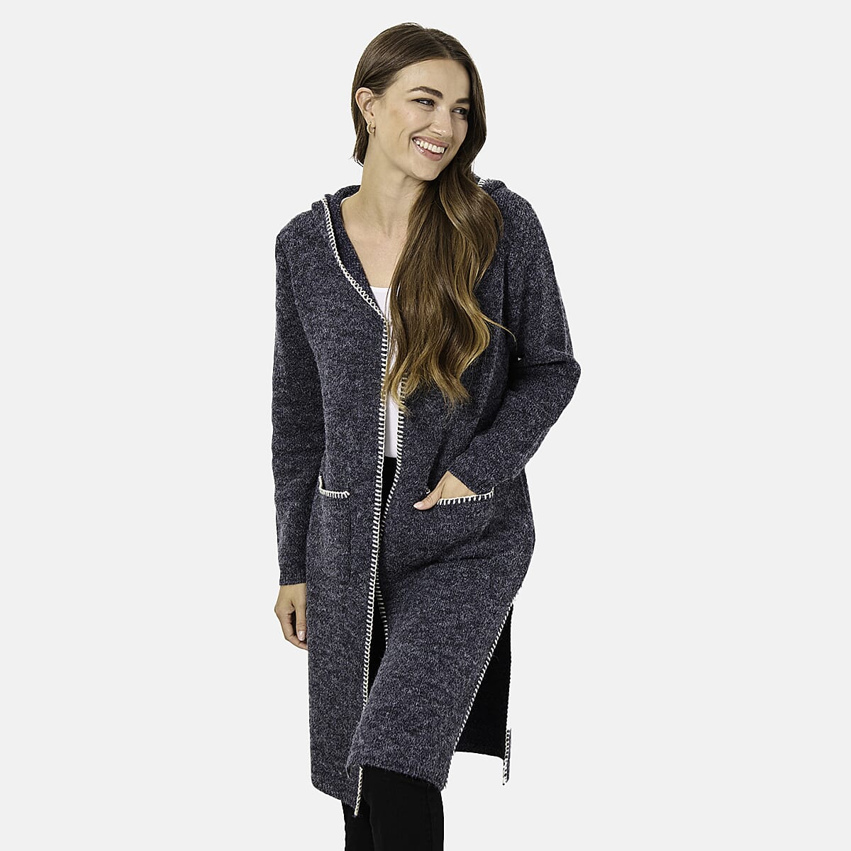 Mudflower Womens Longline Hooded Cardigan with Contrast Trim (Size 16) - Denim Blue