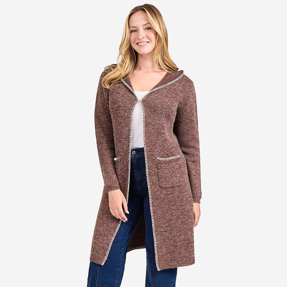 Mudflower Womens Longline Hooded Cardigan with Contrast Trim (Size 12) - Mocha