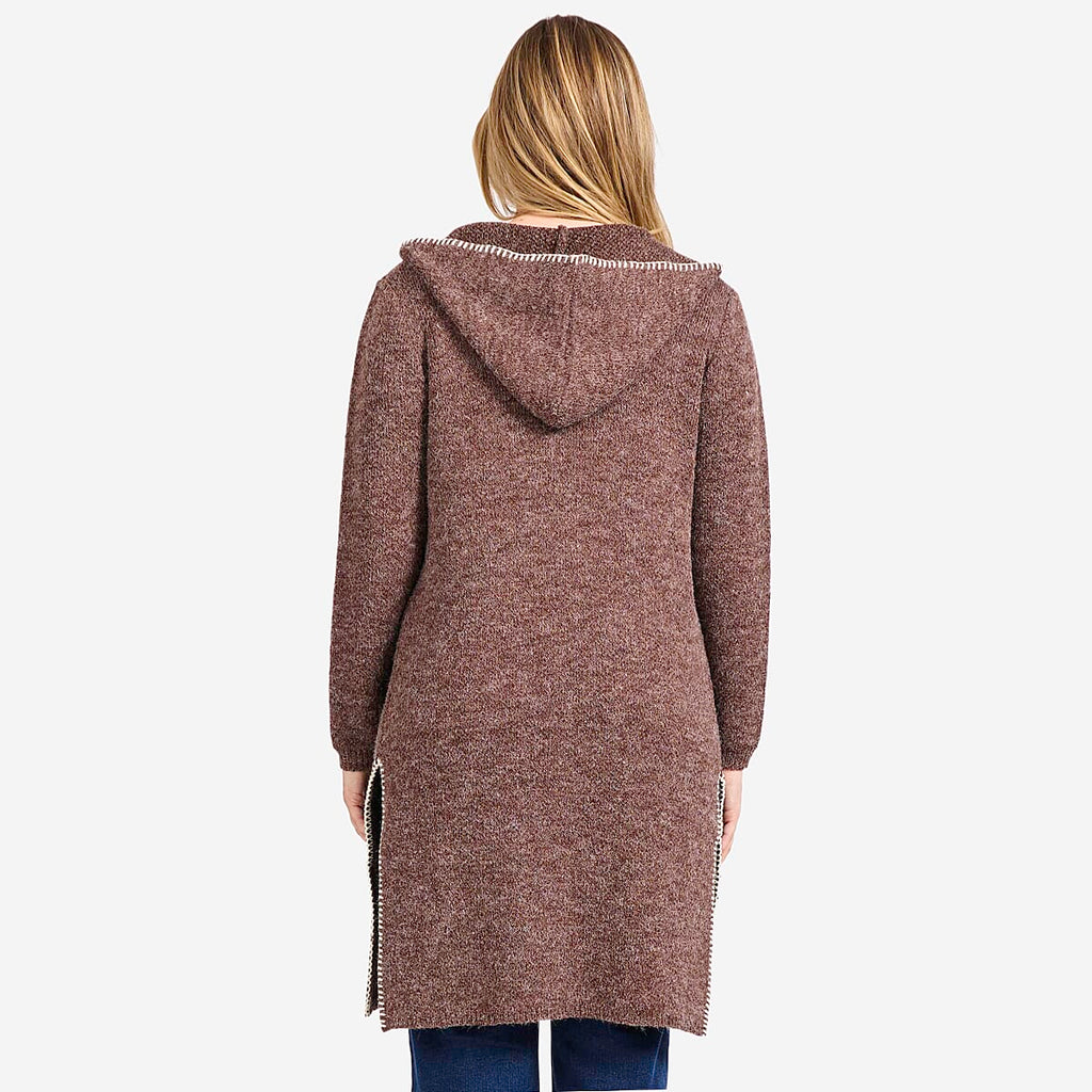 Mudflower Womens Longline Hooded Cardigan with Contrast Trim (Size 12) - Mocha