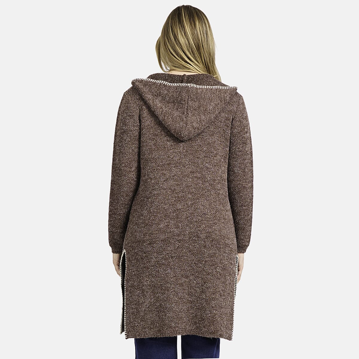Mudflower Womens Longline Hooded Cardigan with Contrast Trim (Size 12) - Mocha