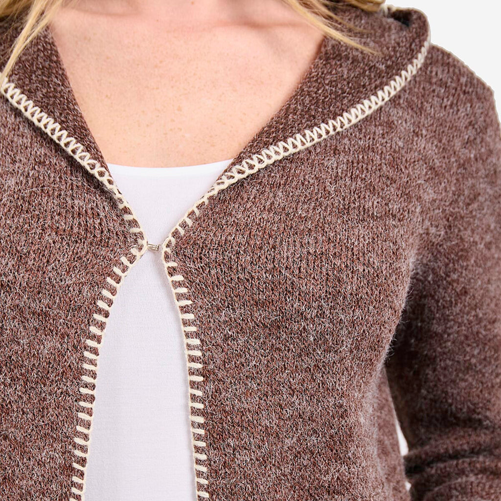 Mudflower Womens Longline Hooded Cardigan with Contrast Trim (Size 12) - Mocha