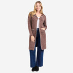 Mudflower Women’s Longline Hooded Cardigan with Contrast Trim & Front Pockets