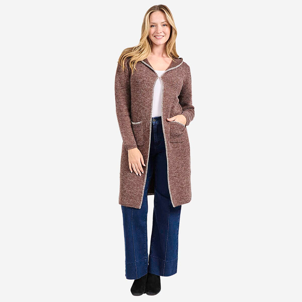 Mudflower Women’s Longline Hooded Cardigan with Contrast Trim & Front Pockets