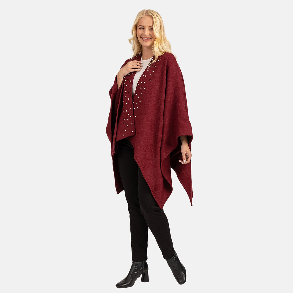 Acrylic Knitted Poncho - Burgandy