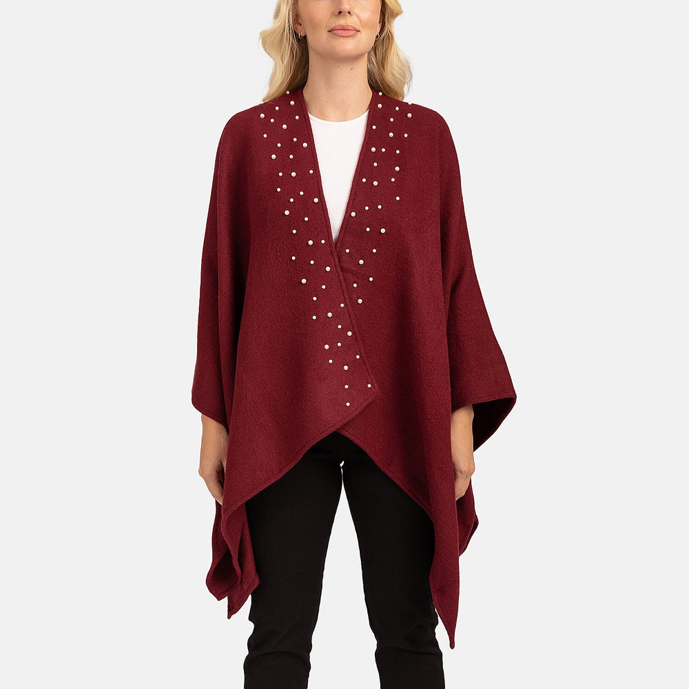 Acrylic Knitted Poncho - Burgandy