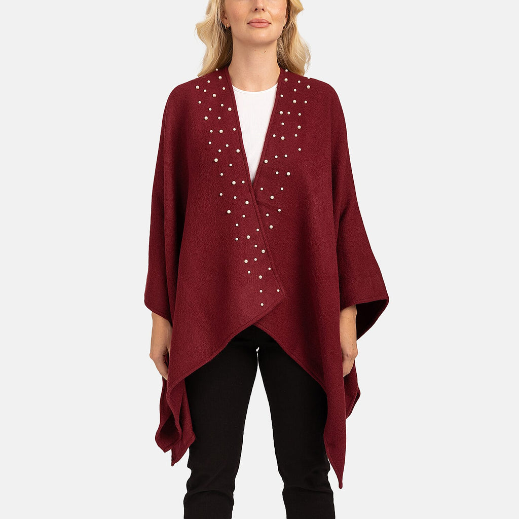 Acrylic Knitted Poncho - Burgandy