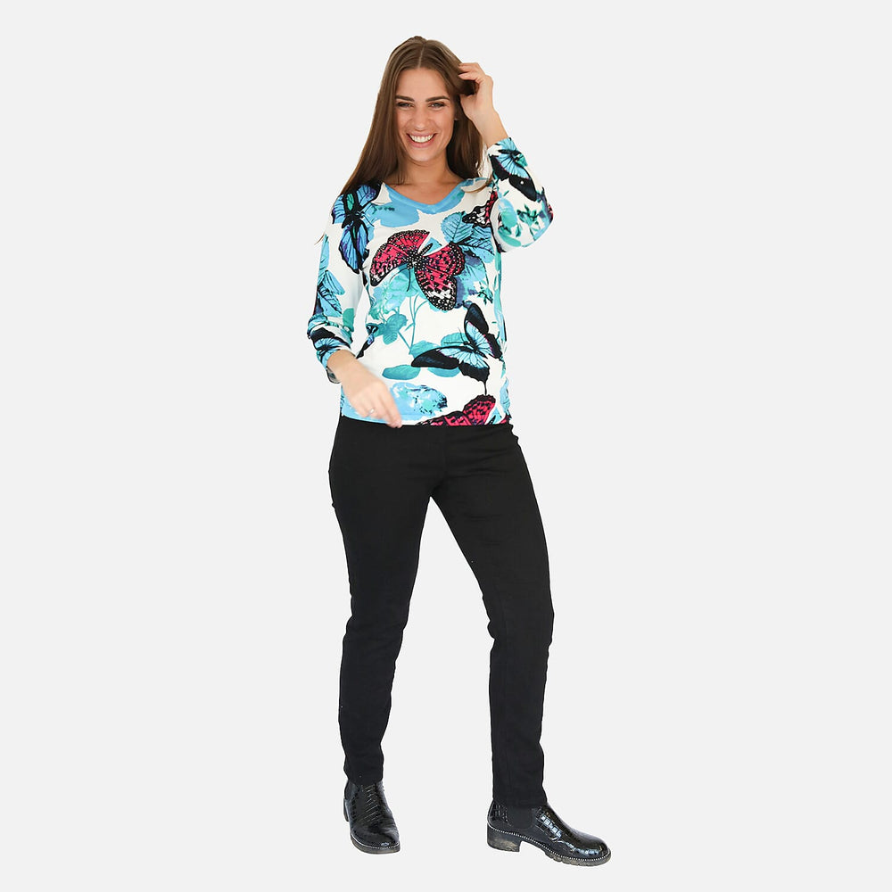 Mudflower Butterfly Printed V-Neck Jumper (Size 16) - Blue