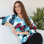 Mudflower Butterfly Printed V-Neck Jumper (Size 16) - Blue
