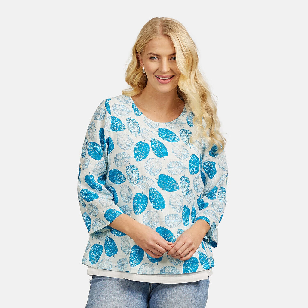 Mudflower 100% Cotton Dark Blue Leaf Print Scoop Neck Top with 3-4 Sleeves (Size 12) - Sky Blue Base
