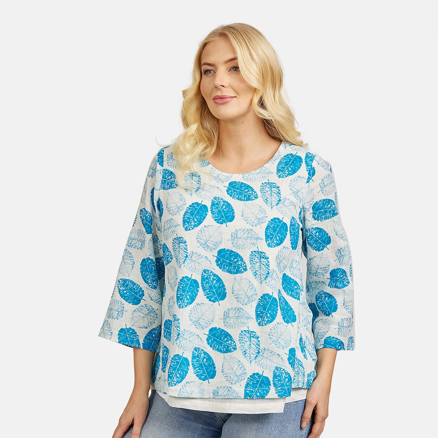 Mudflower 100% Cotton Dark Blue Leaf Print Scoop Neck Top with 3-4 Sleeves (Size 12) - Sky Blue Base
