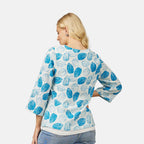 Mudflower 100% Cotton Dark Blue Leaf Print Scoop Neck Top with 3-4 Sleeves (Size 12) - Sky Blue Base