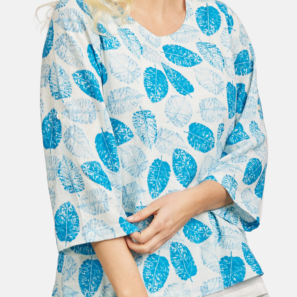 Mudflower 100% Cotton Dark Blue Leaf Print Scoop Neck Top with 3-4 Sleeves (Size 12) - Sky Blue Base