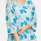 Mudflower 100% Cotton Dark Blue Leaf Print Scoop Neck Top with 3-4 Sleeves (Size 12) - Sky Blue Base