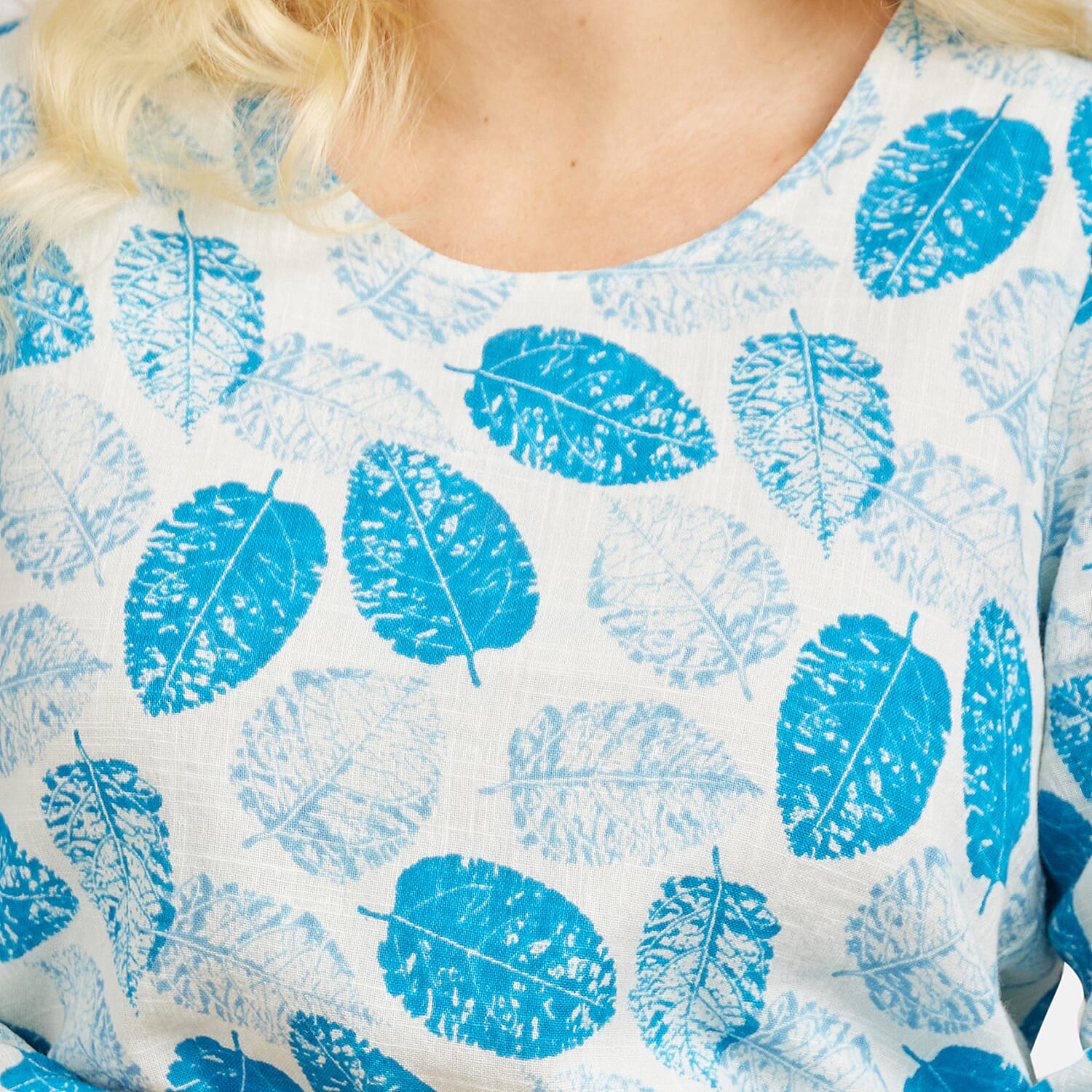 Mudflower 100% Cotton Dark Blue Leaf Print Scoop Neck Top with 3-4 Sleeves (Size 12) - Sky Blue Base