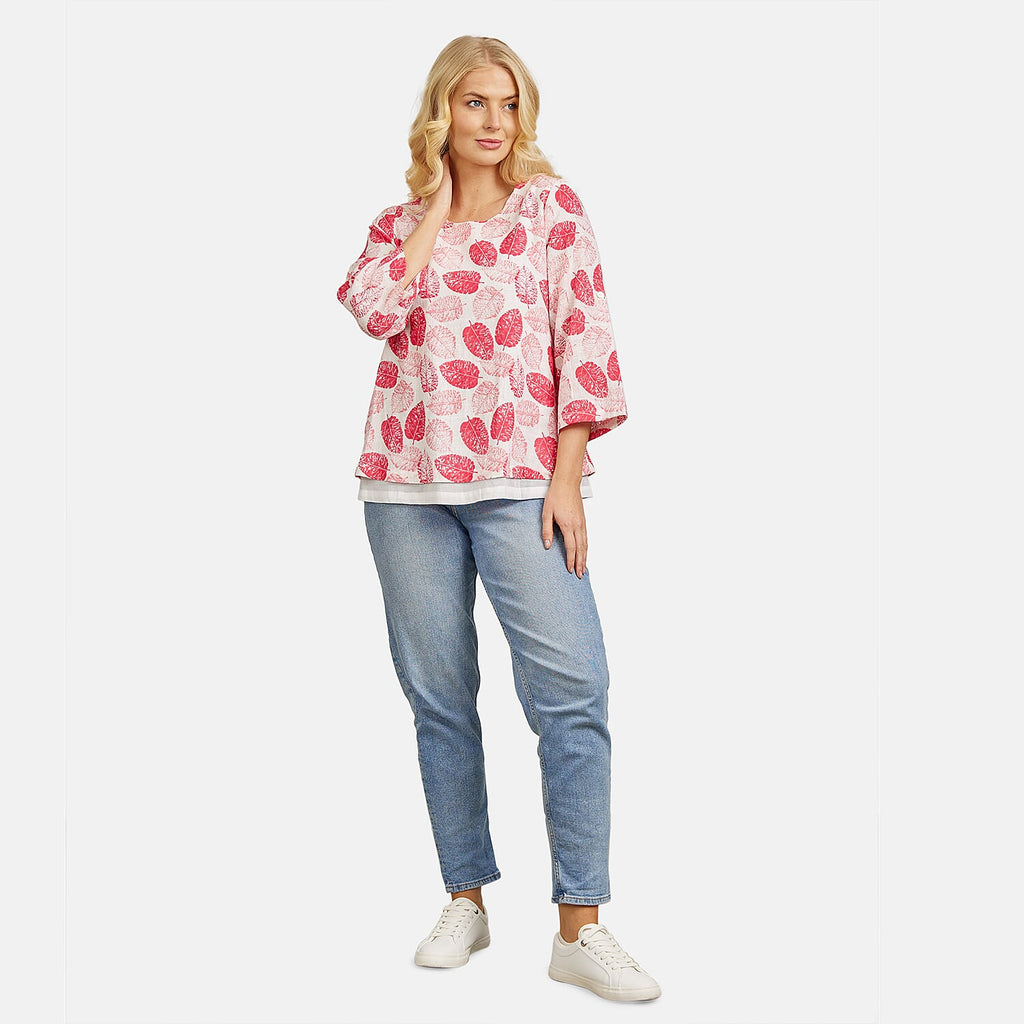 Mudflower 100% Cotton Botanical Print Scoop Neck Top with 3-4 Sleeves (Size 16) - Pink Leafs on White Base