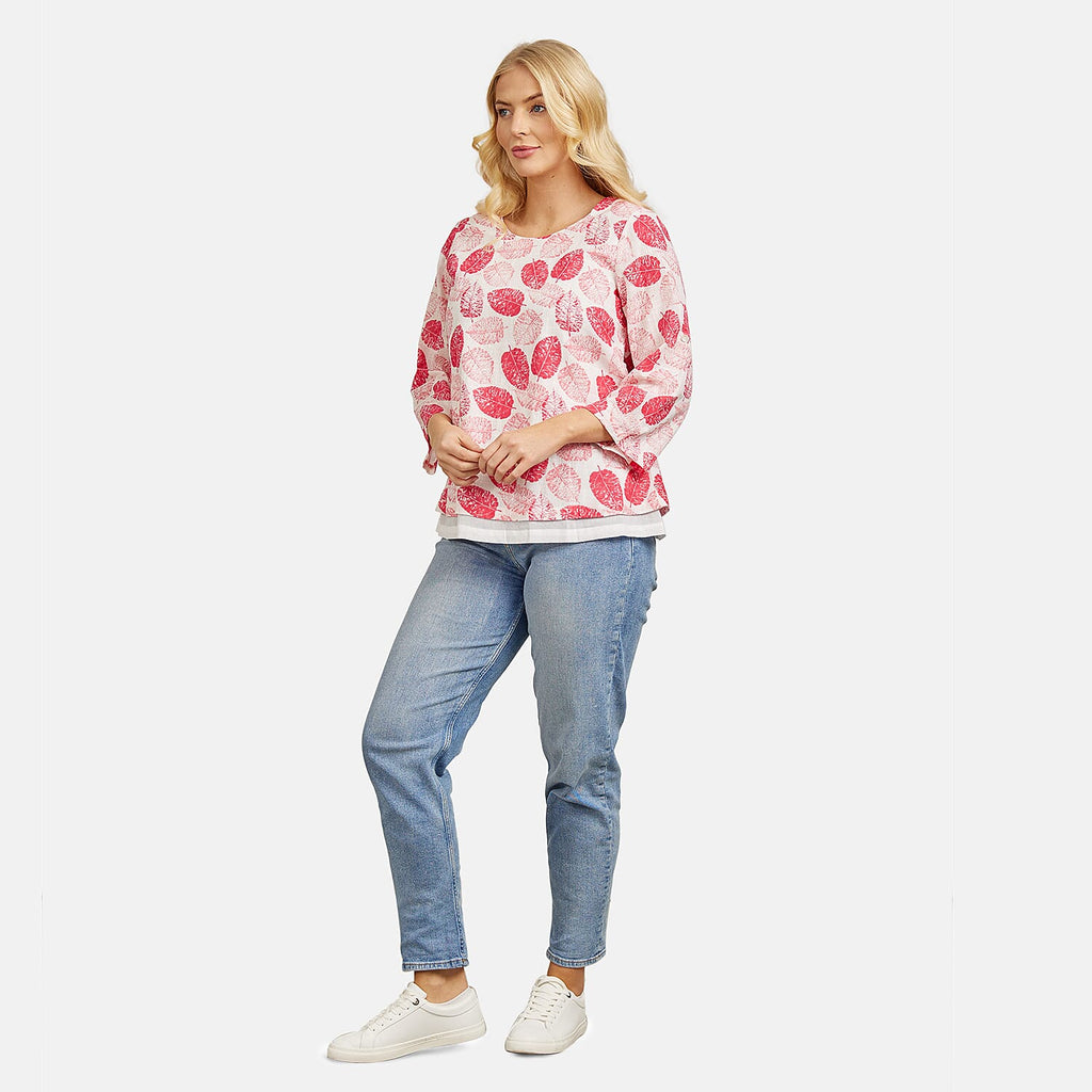 Mudflower 100% Cotton Botanical Print Scoop Neck Top with 3-4 Sleeves (Size 16) - Pink Leafs on White Base