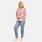 Mudflower 100% Cotton Botanical Print Scoop Neck Top with 3-4 Sleeves (Size 16) - Pink Leafs on White Base