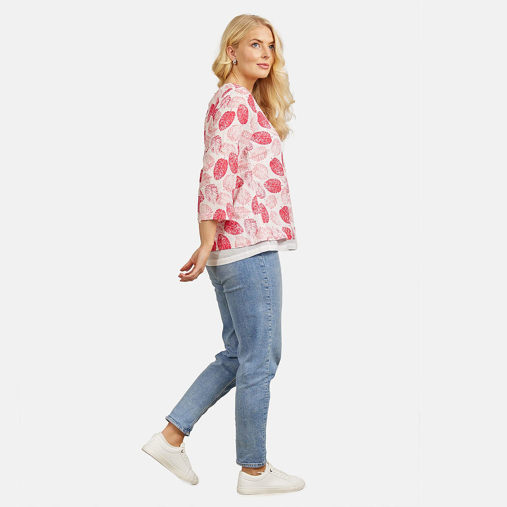 Mudflower 100% Cotton Botanical Print Scoop Neck Top with 3-4 Sleeves (Size 16) - Pink Leafs on White Base