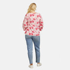 Mudflower 100% Cotton Botanical Print Scoop Neck Top with 3-4 Sleeves (Size 16) - Pink Leafs on White Base