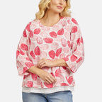 Mudflower 100% Cotton Botanical Print Scoop Neck Top with 3-4 Sleeves (Size 16) - Pink Leafs on White Base