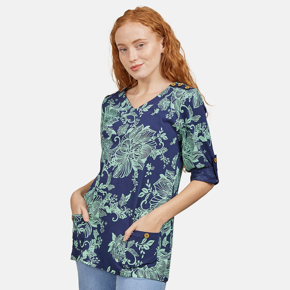 Mudflower 100% Cotton Floral Pattern Top (Size 12) - Navy Base with Mint