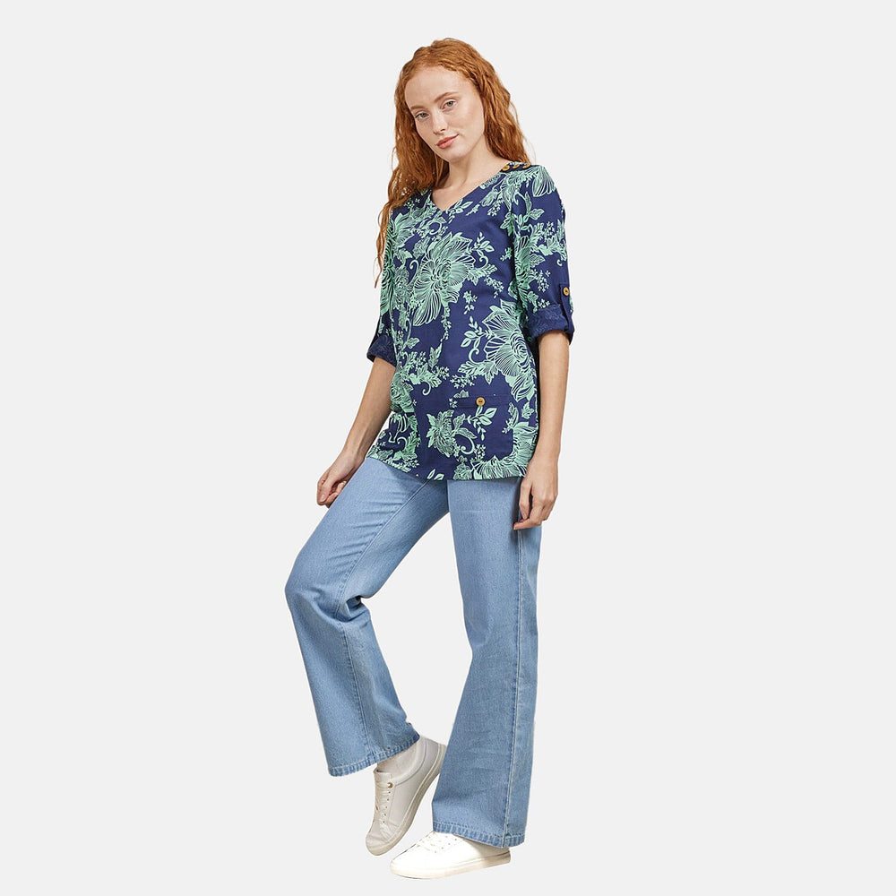 Mudflower 100% Cotton Floral Pattern Top (Size 12) - Navy Base with Mint
