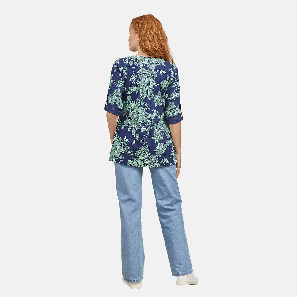 Mudflower 100% Cotton Floral Pattern Top (Size 12) - Navy Base with Mint
