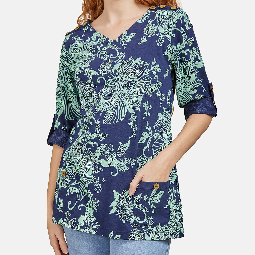 Mudflower 100% Cotton Floral Pattern Top (Size 12) - Navy Base with Mint
