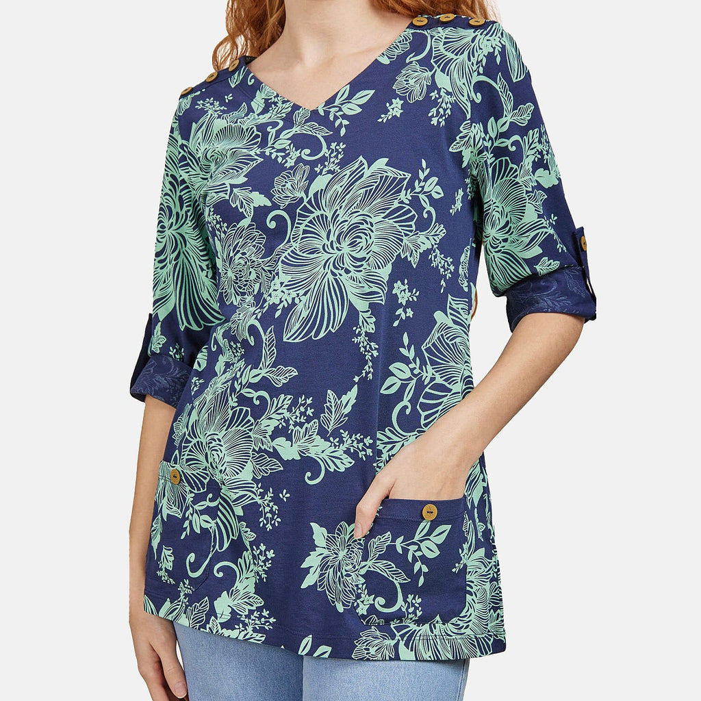 Mudflower 100% Cotton Floral Pattern Top (Size 12) - Navy Base with Mint