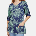 Mudflower 100% Cotton Floral Pattern Top (Size 12) - Navy Base with Mint