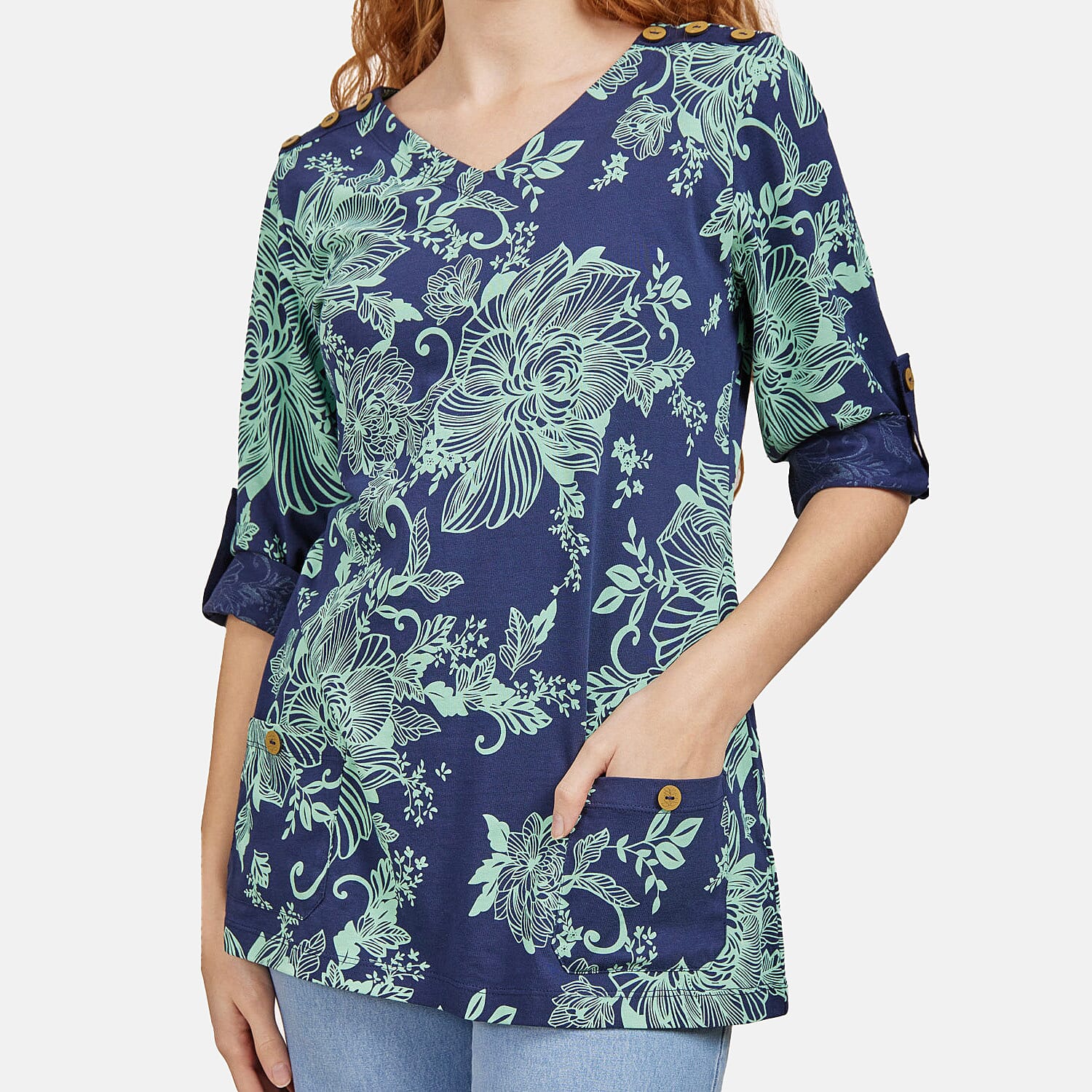 Mudflower 100% Cotton Floral Pattern Top (Size 12) - Navy Base with Mint