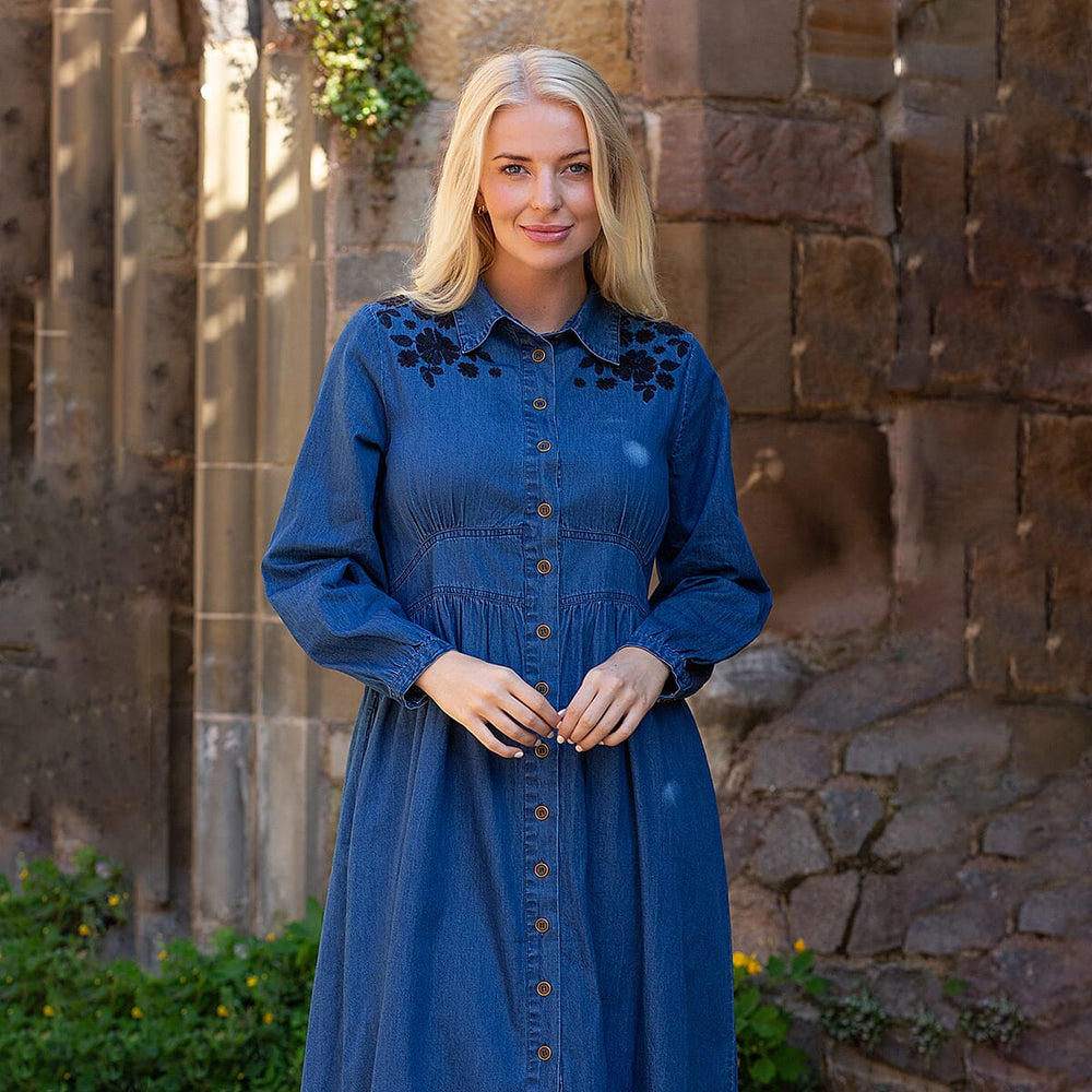 Mudflower 100% Cotton Flower Embroidered Dress (Size 12) - Denim