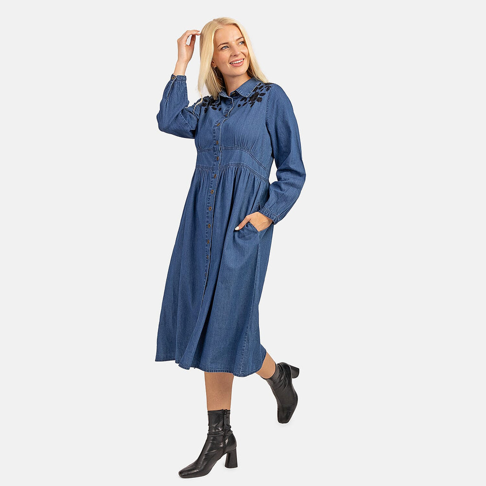 Mudflower 100% Cotton Flower Embroidered Dress (Size 12) - Denim