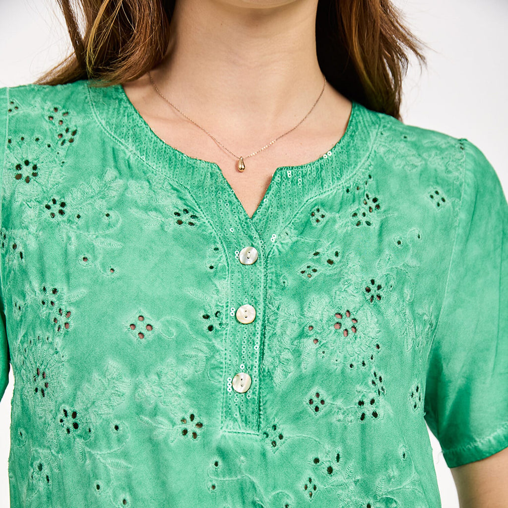 Mudflower 100% Cotton Sequin Neck Casual Top (Size 10) - Green