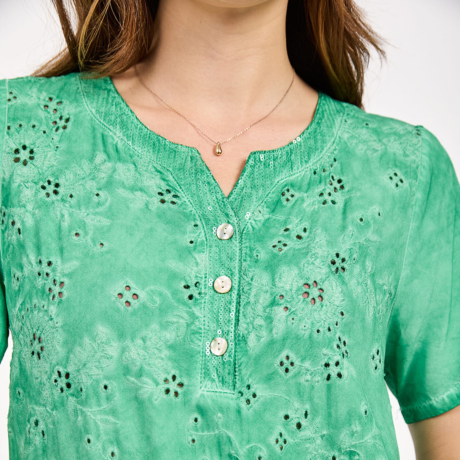 Mudflower 100% Cotton Sequin Neck Casual Top (Size 10) - Green