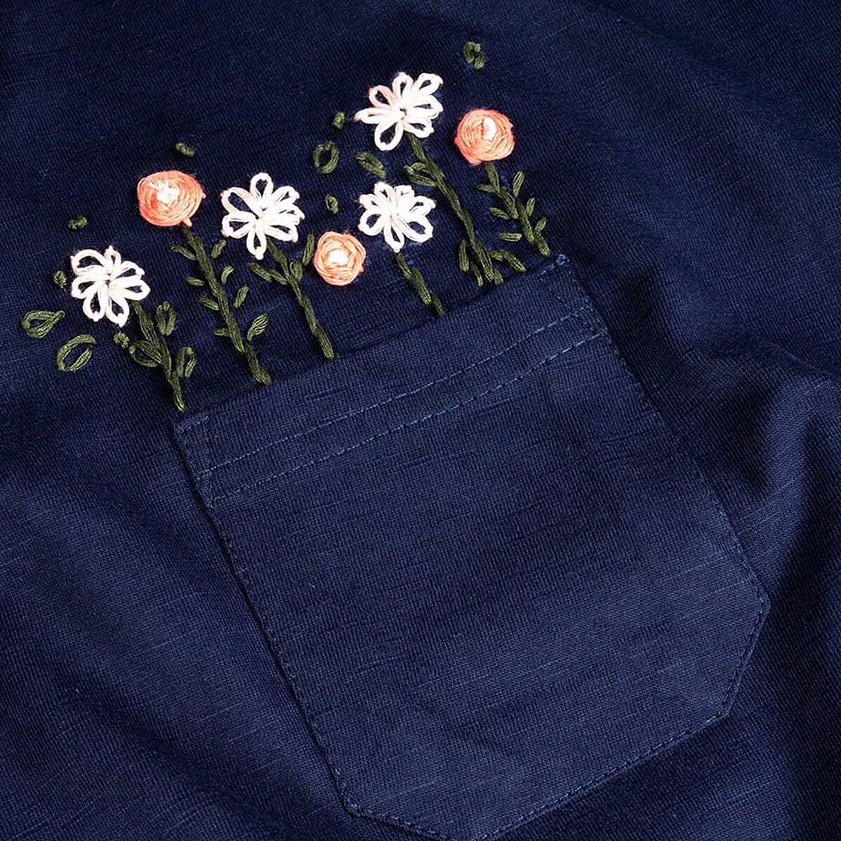 BRAND NEW FASHION LAUNCH - Mudflower 100% Cotton Flower Embroidery T-Shirt (Size 10) - Navy