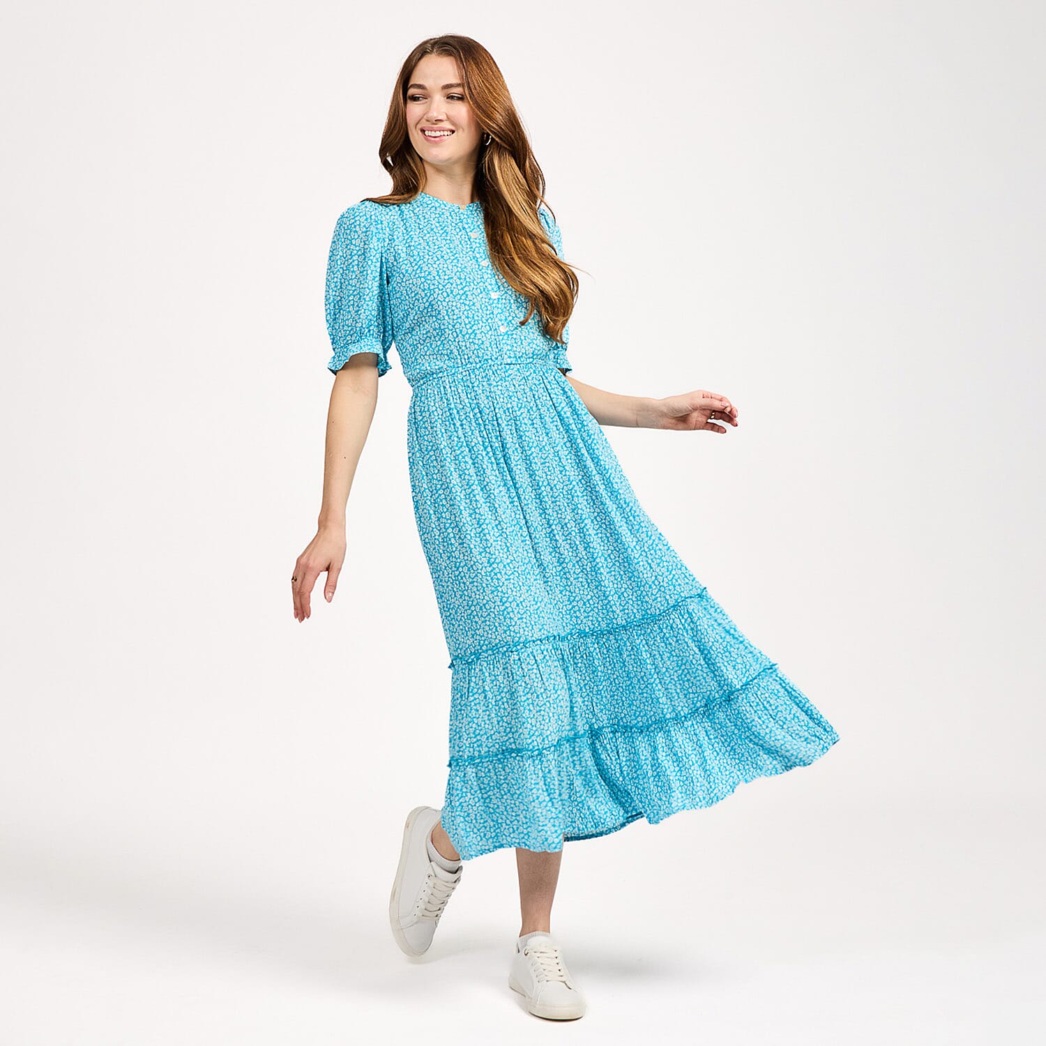 Mudflower Ditsy Floral Print Tiered Midi Dress with Puff Sleeves (Size 20) - Blue