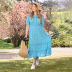 Mudflower Ditsy Floral Print Tiered Midi Dress with Puff Sleeves (Size 20) - Blue