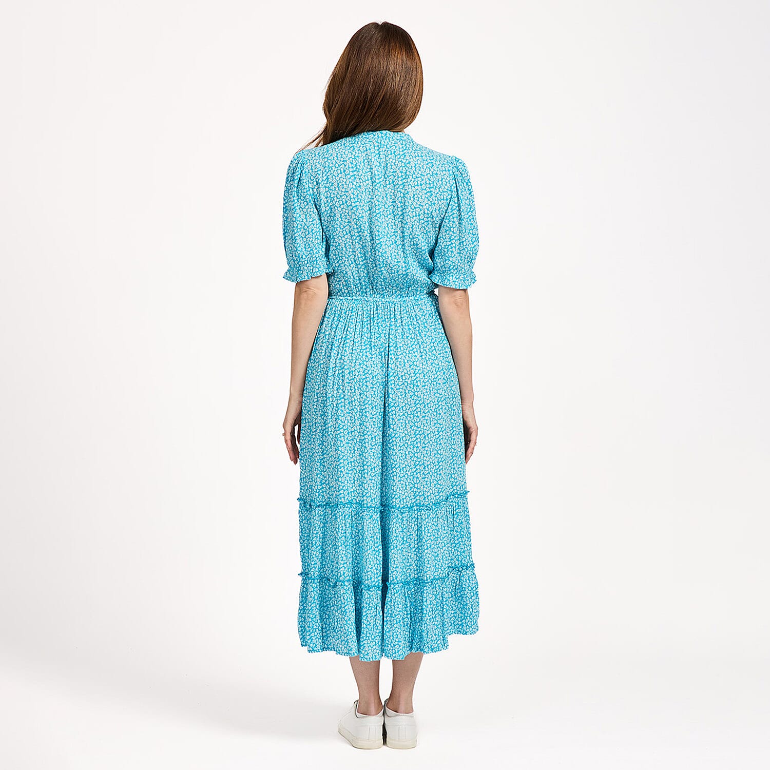 Mudflower Ditsy Floral Print Tiered Midi Dress with Puff Sleeves (Size 20) - Blue
